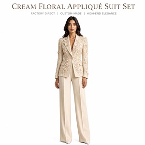 Ensemble tailleur pantalon crème brodé d'appliques florales 3D pour femme, pantalon large taille haute, col en V profond, tenue de bureau formelle, personnalisable OEM/ODM - Product Image 1