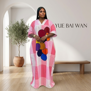 Nuevo Vestido Maxi Kaftan a Cuadros 2026 para Mujer, Cuello en V, Estampado Geométrico Colorido, Corte Holgado, Abaya - Product Image 1