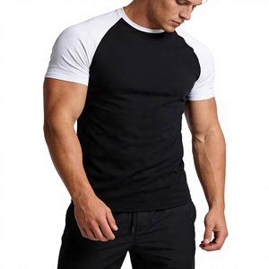 Men's Black White Raglan-Sleeve O-Neck T-Shirt Regular Fit Casual Knitted 100% Cotton Breathable Solid Color Short Sleeve - Product Image 6