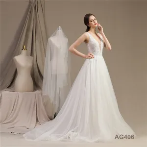 Fornitore della fabbrica della cina Online abito da sposa a buon mercato Sexy Deep V Appliques pizzo Tulle tessuto abiti da sposa