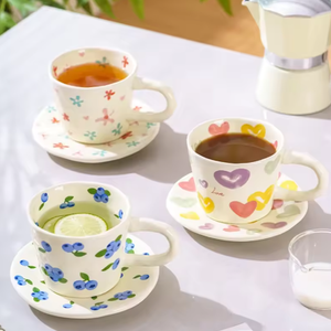 Professional Customized Cute Floral Blueberry Porcelain Tea Cups & Saucers <b>Set</b> Eco-Friendly 200ml Breakfast <b>Mugs</b> for Milk Tea - Product Image 1