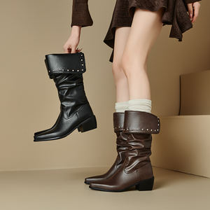 <span class=keywords><strong>Bottes</strong></span> hautes pour femmes, <span class=keywords><strong>bottes</strong></span> de chevalier mi-hautes, automne, à enfiler, en PU, talon haut, avec rivets <span class=keywords><strong>fins</strong></span> pointus, tendance - Product Image 5