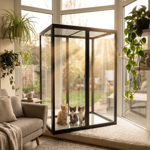 Condo pour animaux de compagnie de luxe moderne, personnalisable, avec structure en acier au carbone massif, panneaux en bois de caoutchouc, verre trempé, roulettes mobiles et grand espace pour chat - Product Image 2