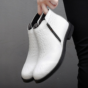 Men Round Toe Ankle <b>Booties</b> Bright White Embossed Surface Outer Zipper Access Durable Slim Black Sole Casual Ankle Boots - Product Image 3
