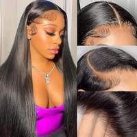 Perruque sans colle 13x4 en dentelle HD, cheveux indiens bruts coupés raides, double épaisseur, vierges, couleur noire, dentelle transparente pour femmes