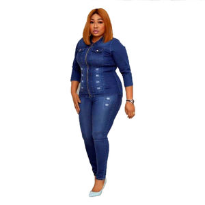 Venta caliente traje de moda mujer chaqueta de mezclilla pantalones traje de gran tamaño madre Denim conjunto deshilachado a mano - Product Image 6