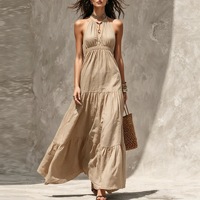 Gaun Maxi Hitam Elegan dengan Kerah Halter untuk Wanita, Gaun Tanpa Lengan Berlapis A-Line yang Seksi, Gaun Panjang Bohemian untuk Pesta Pantai Musim Panas.