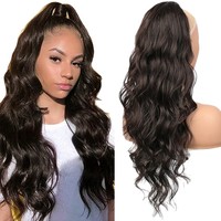 Queue de cheval longue ondulée en fibre haute température avec cordon de serrage et clip pour femme, noir naturel, vente en gros