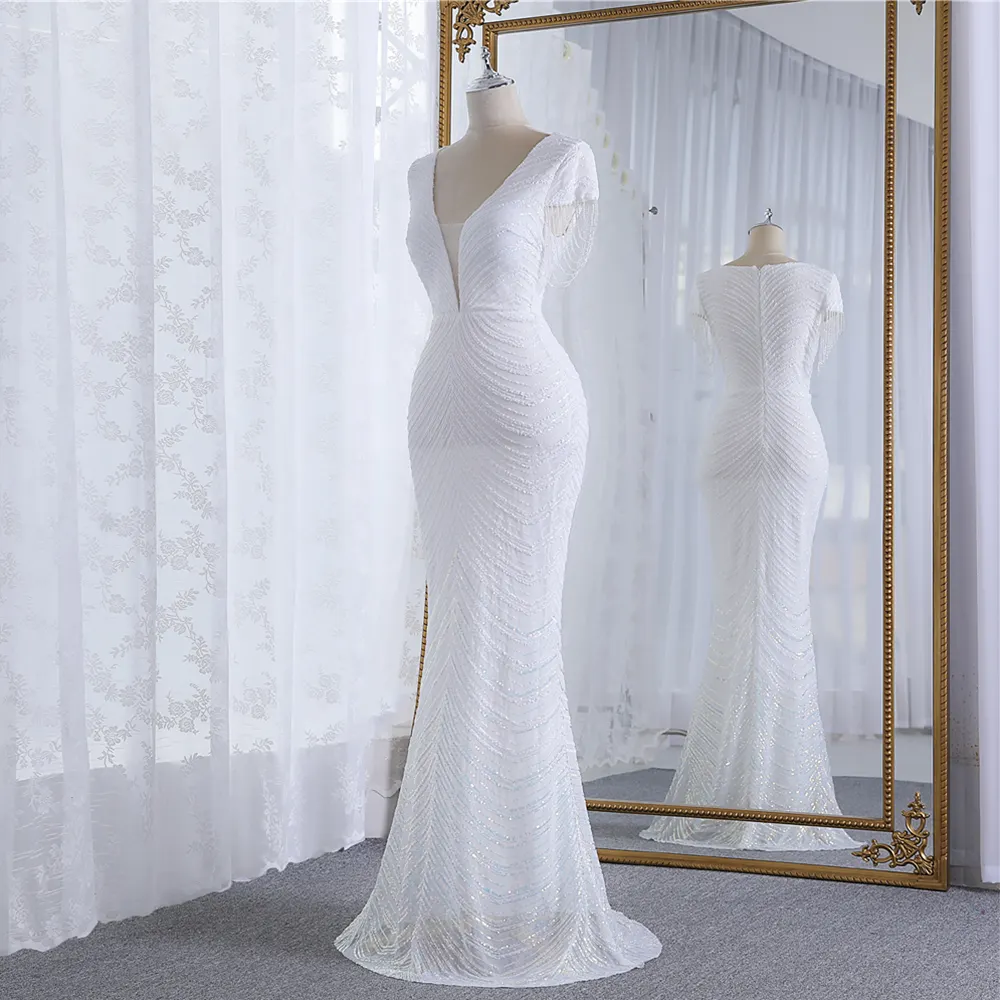 Neuzugang elegante weiße Brautkleidung luxus perlen ärmellos sommer natürliche Taille Fischschwanz Damen Hochzeitskleider Kleid