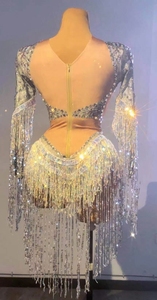 Блестящее платье AD1358, сексуальное бальное платье с глубоким вырезом и блестками, танцевальный костюм с бахромой, одежда для выступлений - Product Image 3