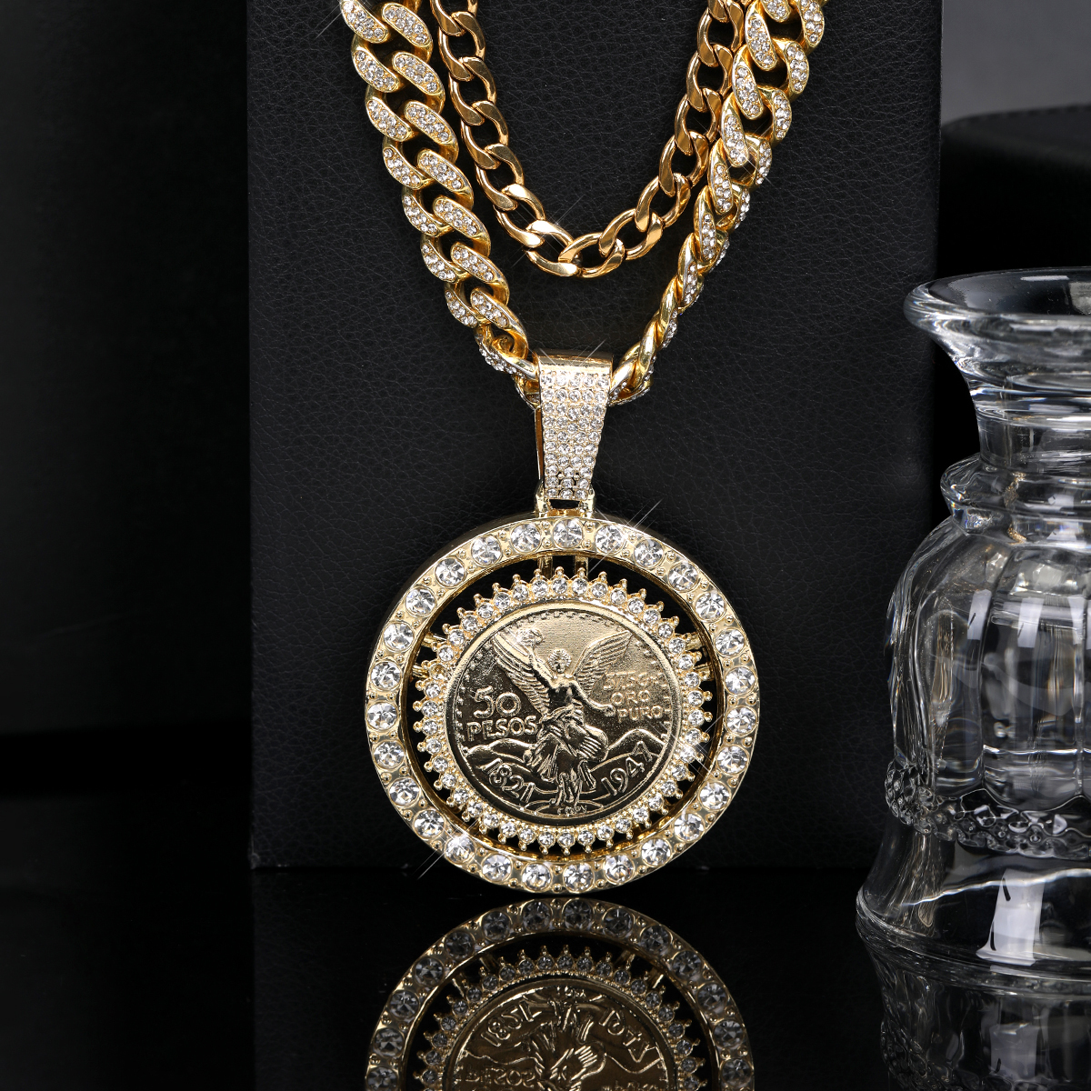 2pcs Iced Out Rhinestone Coin Pendant Chain for Men