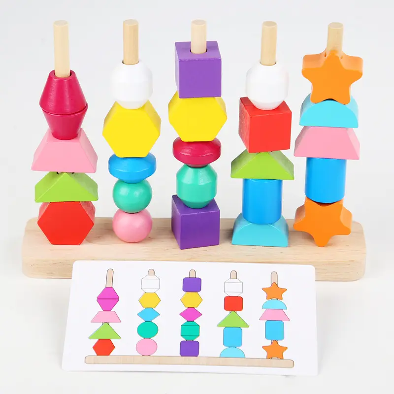 Wanhua particelle grandi in legno cinque set di perline di colonna gioco di abbinamento 12 3 anni Baby Color Cognition Shape Wear Bead Toys