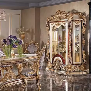 Gabinete de vino de madera para sala de estar antigua europea Gabinete de vidrio dorado tallado a mano de lujo - Product Image 2