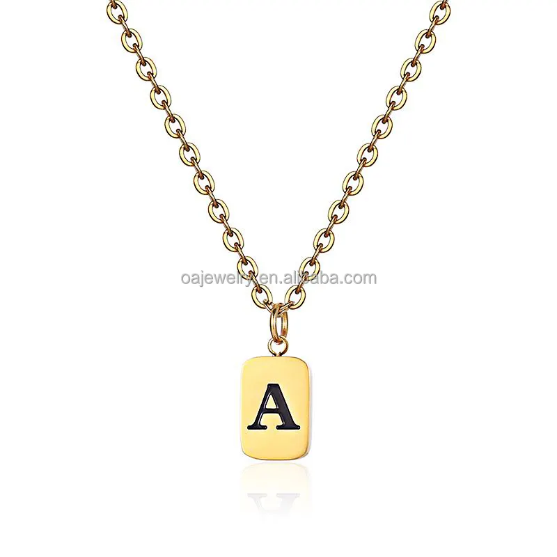 Colar quadrado de aço inoxidável com nome personalizado banhado a ouro 18K pingente de letras de A a Z para fazer joias contas com alfabeto