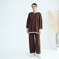 Ensemble assorti 2 pièces pour femme, haut tunique à manches longues et col rond avec bordure contrastante et pantalon large, tenue ample