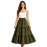 Jupe mi-longue évasée à taille haute élastique avec cordon de serrage, style européen et américain, élégante et fluide, à manches courtes.