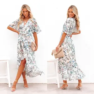 Bohemian Short Sleeve Elegant Vestidos Largos Bodycon Ruffles Irregular Dress Womans Boho Dresses India