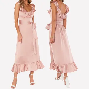 Elegant blush pink luxe satin ruffle square neck smocked back midi length bridesmaid dresses with belt