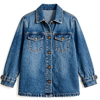 Jaket Denim Wanita Biru Tua Vintage Oversized Lengan Panjang Ramah Lingkungan Tahan Angin Kancing Tiga Baris Katun Solid