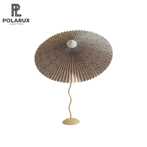 Đèn bàn kiểu Pháp, phong cách đồng quê, boho chic, chụp đèn bằng vải hoa xếp ly, thân đèn kim loại cong, đèn bàn độc đáo tạo không gian ấm cúng, kiểu mũ xếp ly - Product Image 1