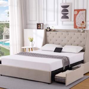 <span class=keywords><strong>Lit</strong></span> plateforme tapissé style moderne 4 tiroirs de rangement Vente en gros d'usine Grand cadre de <span class=keywords><strong>lit</strong></span> tête de <span class=keywords><strong>lit</strong></span> rembourrée avec rangement - Product Image 1