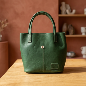 Sac à main en cuir véritable vert, petit sac seau pour femme, sac fourre-tout avec fermeture à bouton pour les courses quotidiennes et les voyages - Product Image 2