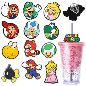 Cubierta de paja reutilizable de dibujos animados de Mario, super dibujos animados de Japón, personaje de juego, adorno de paja para vaso de vidrio, novedad