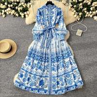 Robe décontractée élégante pour femme à imprimé floral, coupe trapèze, col montant, manches longues bouffantes, ceinturée, longueur midi, pour le quotidien et les vacances