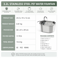 Fontaine à eau pour chat Pawsun Charge 3.2L en acier inoxydable, compatible lave-vaisselle, distributeur d'eau automatique pour animaux de compagnie, prévient l'acné