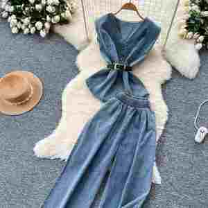 Ensemble décontracté d'été pour femme : Tunique sans manches à col en V en tissu uni et pantalon de jogging en jean taille haute, anti-plis - Product Image 4