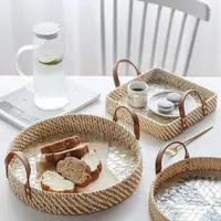 Bandeja de almacenamiento de ratán hecha a mano, bandeja de pan binoural de lujo, ligera y nórdica, creativa, ovalada, para fruta