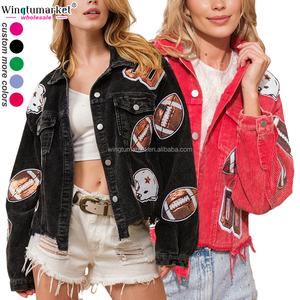 <span class=keywords><strong>Veste</strong></span> courte personnalisée pour <span class=keywords><strong>femme</strong></span> Vintage Wash Fringe Corduroy Shacket Baseball Football Broderie Sequin Patch Vestes pour femmes - Product Image 3