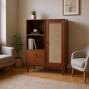 ตู้ไม้สนแท้ทรงสูง 35.4"x15.7"x44.1" ประตูลายหวาย ตู้ห้องนั่งเล่น ดีไซน์สแกนดิเนเวียนสมัยใหม่ - Product Image 2