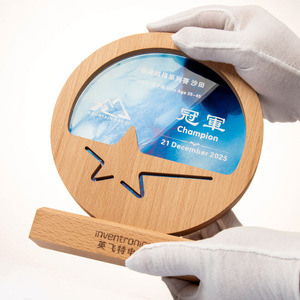 Solid Wood Crystal <b>Trophy</b> Laser <b>Engraved</b> Champion Award For Conference Business Gifts - Product Image 1