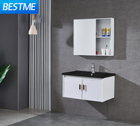 Meuble-lavabo BESTME en aluminium nid d'abeille blanc pour salle de bain |   Lavabo en céramique noire, armoire à miroir avec étagères de rangement ouvertes
