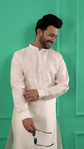 Buy Cream Solid Dupion Silk Straight <b>Kurta</b> with <b>Pajamas</b> Elegant Ethnic Wear for Festive and Traditional Occasions For <b>Men's</b> - Product Image 2