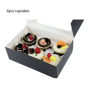 Custom Zwart Kraftpapier Voedselverpakking Stijve Uv-Printing Cupcake-Dozen Met Transparant Venster Voor Cake Geschenkdozen Op Maat Logo
