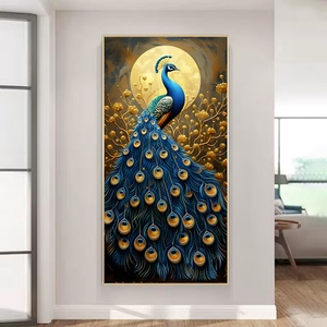 Peinture décorative d'entrée Paon, Art mural de fond de couloir, Paysage animalier avec lampe, Peinture en porcelaine de cristal personnalisée - Product Image 2