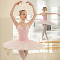 S0086 Tutu de ballet rose clair pour filles avec ourlet en dentelle blanche, jupe en tulle rigide, costume de scène professionnel pour concours de ballet