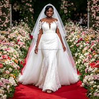 Robe de mariée personnalisée, nouveau style, en dentelle, manches longues, col en V profond, coupe sirène, avec traîne détachable
