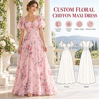 Robe longue en mousseline à imprimé floral pour femme, avec corsage froncé, manches volantées et col cœur, coupe trapèze, idéale pour les occasions spéciales.
