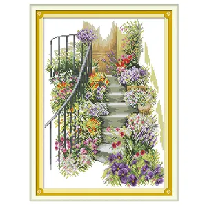 European modern needle sewing craft creative embroidery garden stairs printed cross stitch kits for adult/ beginners