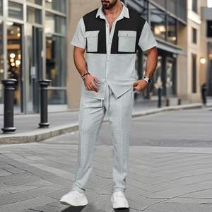 2025 nuevo conjunto de <span class=keywords><strong>chándal</strong></span> para <span class=keywords><strong>hombre</strong></span> moda de verano estilo callejero Waffle Block Color bolsillo camisa pantalones conjunto de dos piezas - Product Image 6