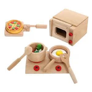 Set mainan kayu untuk memasak, Set peralatan masak piring bermain panci Mainan Kayu oven memasak