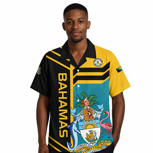 Chemise hawaïenne pour homme, motif drapeau des Bahamas, <span class=keywords><strong>col</strong></span> montant, boutonnée, coupe ample, pour la fête de l'indépendance des Bahamas, personnalisable - Product Image 2
