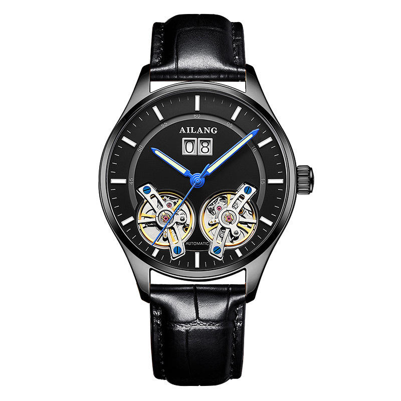 สายหนัง+ตัวเรือนสีเงิน+หน้าปัดสีดำ+เข็มสีน้ำเงิน