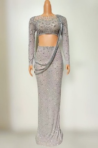 AD2523 Diamant-Netz Enganliegender Rock mit Schulterstreifen Sexy Bodenlanger Bauchtanz-Performancekostüm mit Prägung Einheitsgröße - Product Image 5