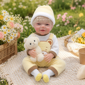BAkwbwBY Muñeca <span class=keywords><strong>Reborn</strong></span> Realista de 18 Pulgadas con Cuerpo de Vinilo, Ropa de Oso Amarillo Sonriente, Muñeca Recién Nacida con <span class=keywords><strong>Pelo</strong></span> Rubio de <span class=keywords><strong>Mohair</strong></span> Injertado a Mano - Product Image 1