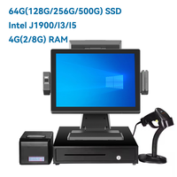 Sistema POS de Pantalla Táctil Todo en Uno de 15 Pulgadas con Windows 10/11, Pantalla Dual, para Supermercados, Restaurantes y Comercios Minoristas