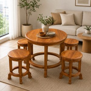 Ensemble de table à manger ronde en teck avec 4 tabourets confortables, meubles de salle à manger modernes et peu encombrants pour appartement et villa - Product Image 3